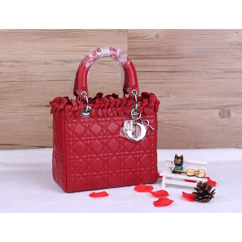 Lady Dior Bag Sheepskin Bag D1655 Red with Silver