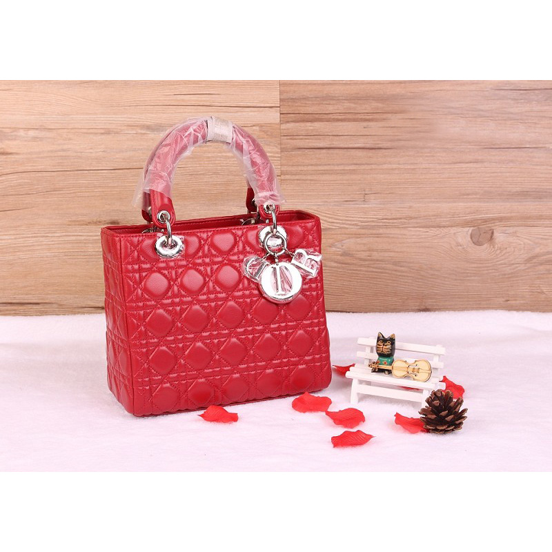 Lady Dior Bag Sheepskin Bag D1655 Red with Silver