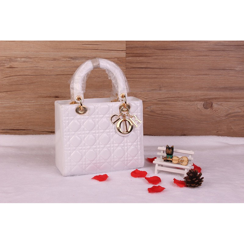 Lady Dior Bag Sheepskin Bag D1655 White with Gold