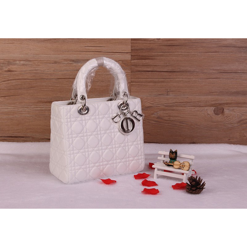 Lady Dior Bag Sheepskin Bag D1655 White with Silver