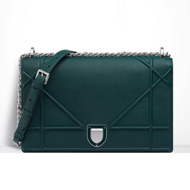 Large Diorama flap bag in Deep Green grained calfskin