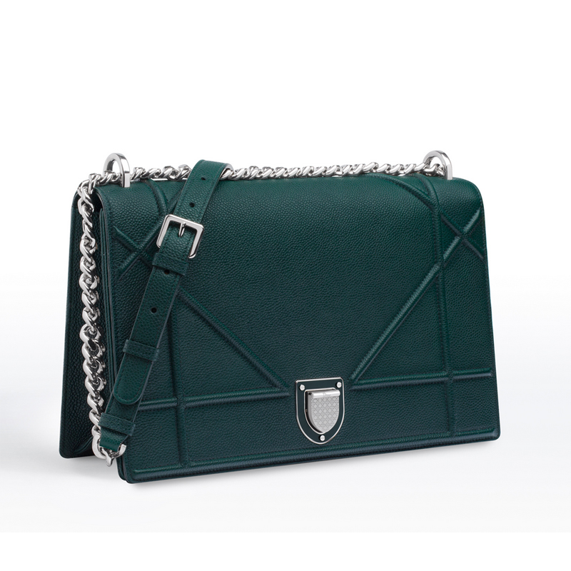 Large Diorama flap bag in Deep Green grained calfskin