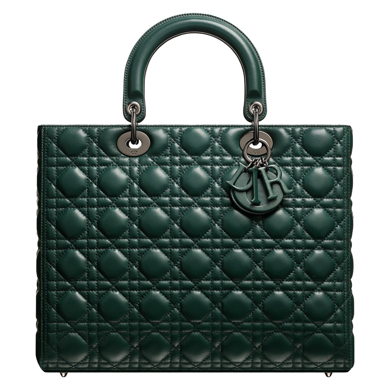 Large Vert Anglais leather Lady Dior bag, leather-covered charms