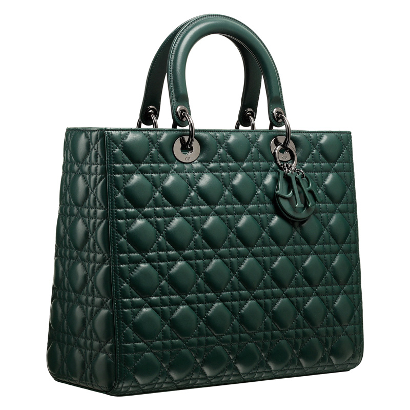 Large Vert Anglais leather Lady Dior bag, leather-covered charms