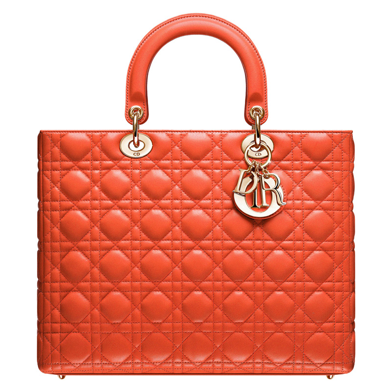 Large orange Lady Dior leather bag