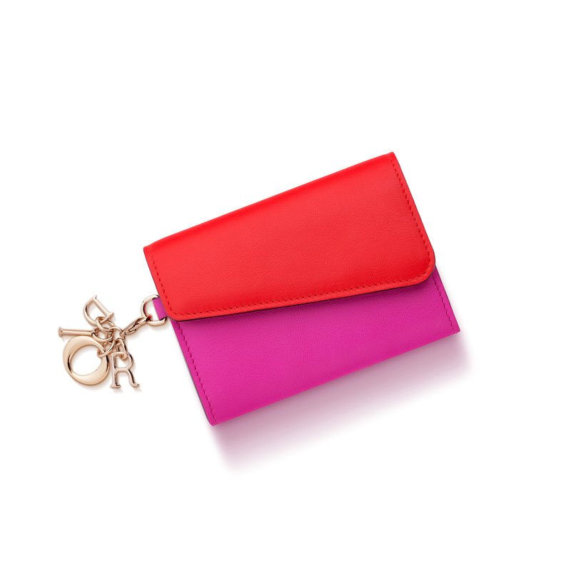 Multiple card holder in fuchsia and vermillion smooth calfskin