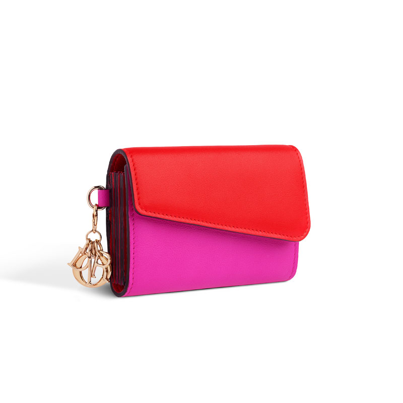 Multiple card holder in fuchsia and vermillion smooth calfskin