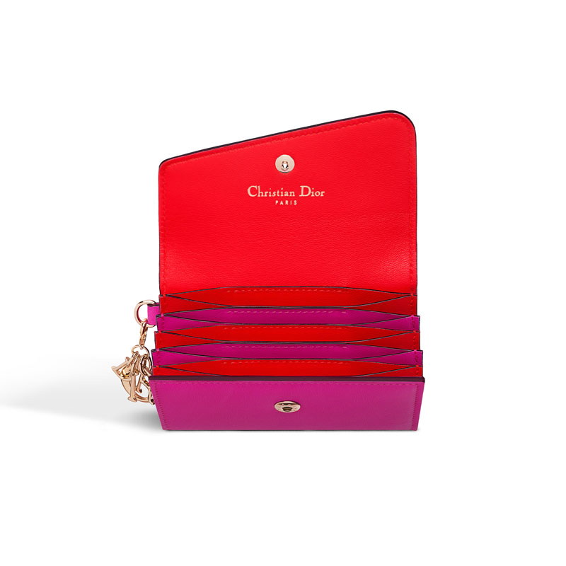 Multiple card holder in fuchsia and vermillion smooth calfskin