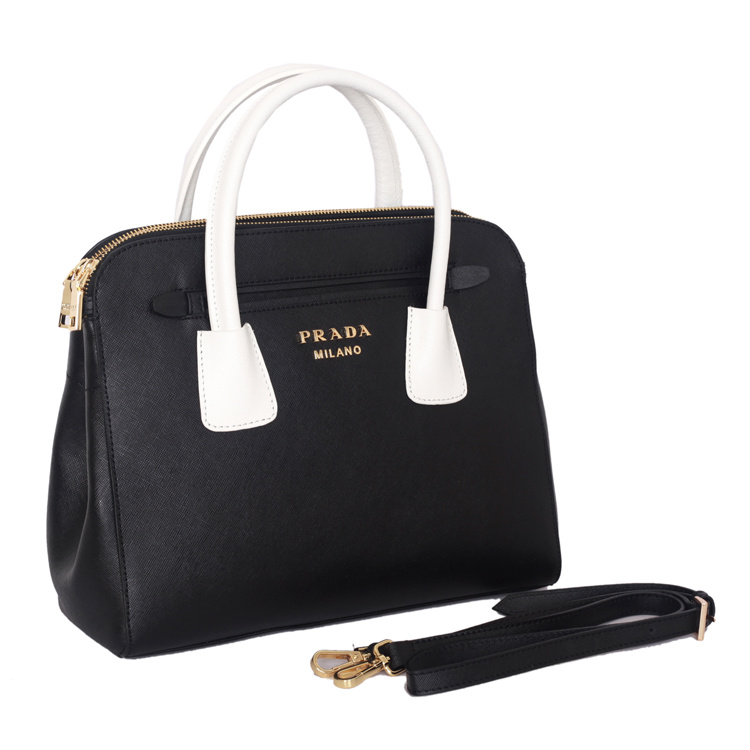 PRADA Saffiano Cuir and City Calf Leather Tote Bag BN2596 in Black with White