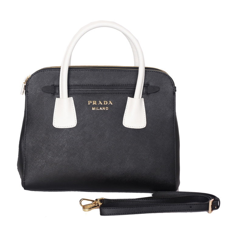 PRADA Saffiano Cuir and City Calf Leather Tote Bag BN2596 in Black with White