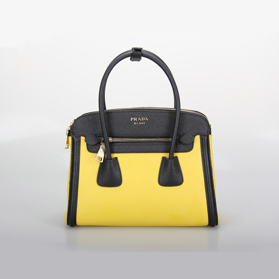 PRADA Saffiano Cuir and City Calf Leather Tote Bag BN2596 in Lemon with Black