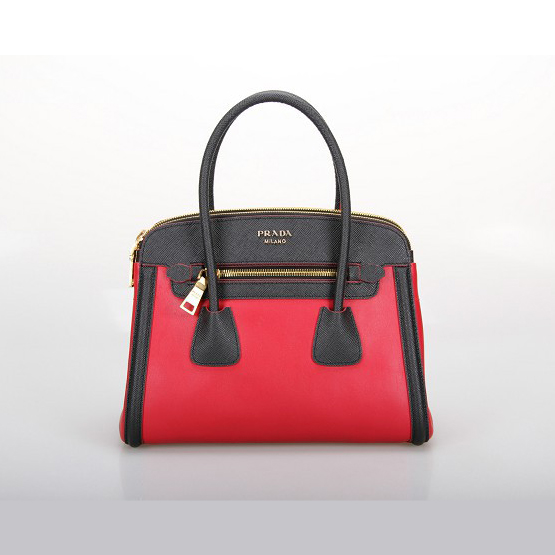 PRADA Saffiano Cuir and City Calf Leather Tote Bag BN2596 in Red with Black