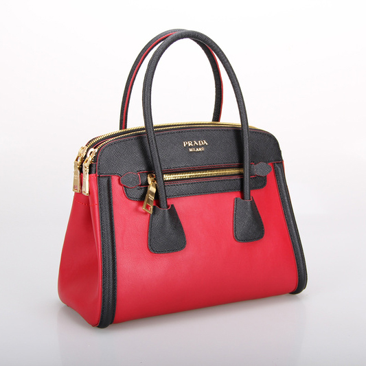 PRADA Saffiano Cuir and City Calf Leather Tote Bag BN2596 in Red with Black