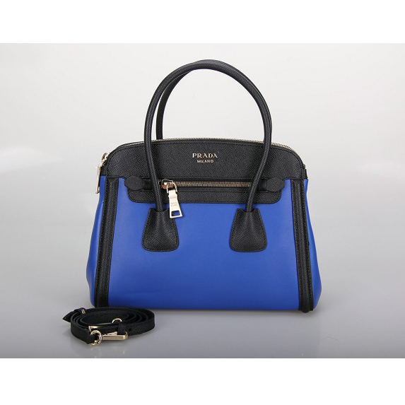 PRADA Saffiano Cuir and City Calf Leather Tote Bag BN2596 in Skyblue with Black