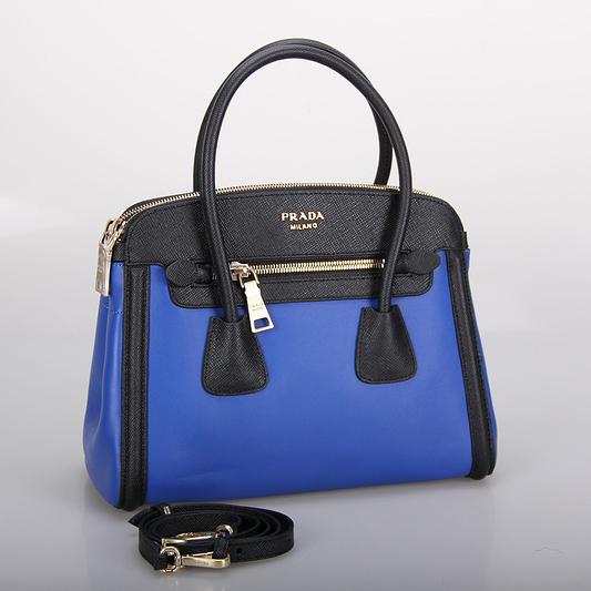 PRADA Saffiano Cuir and City Calf Leather Tote Bag BN2596 in Skyblue with Black