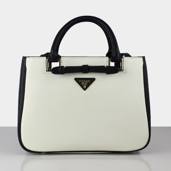 Prada Saffiano Calf Leather Tote Bag 2246 in Black with white