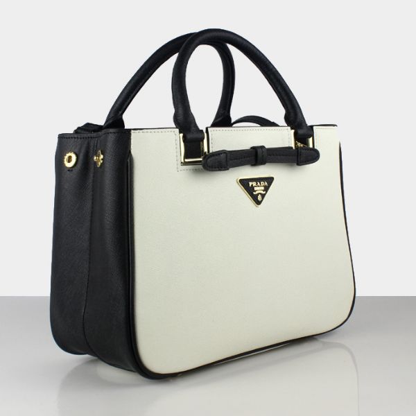 Prada Saffiano Calf Leather Tote Bag 2246 in Black with white