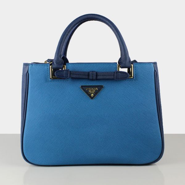 Prada Saffiano Calf Leather Tote Bag 2246 in Skyblue with dark blue