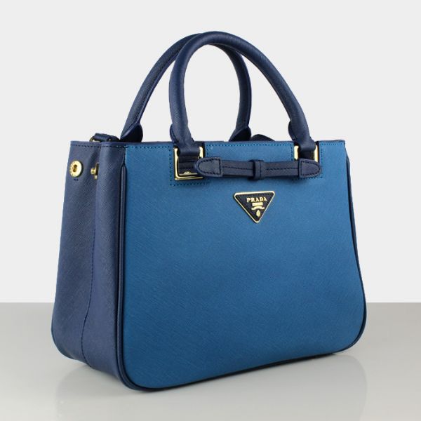 Prada Saffiano Calf Leather Tote Bag 2246 in Skyblue with dark blue