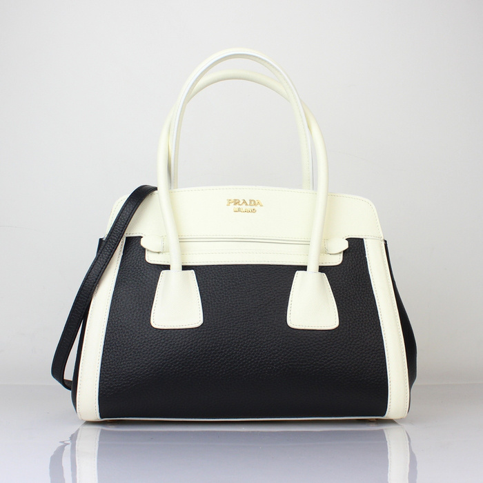 Prada Saffiano Cuir and City Calf Leather Tote Bag BN2602 in Black with White