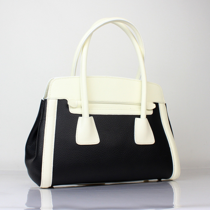 Prada Saffiano Cuir and City Calf Leather Tote Bag BN2602 in Black with White