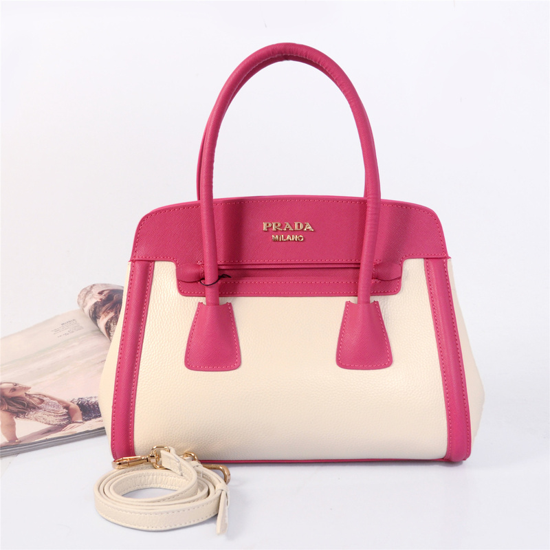 Prada Saffiano Cuir and City Calf Leather Tote Bag BN2602 in Rose with White