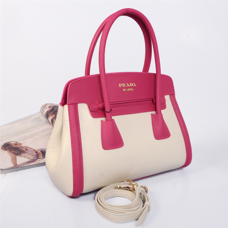 Prada Saffiano Cuir and City Calf Leather Tote Bag BN2602 in Rose with White