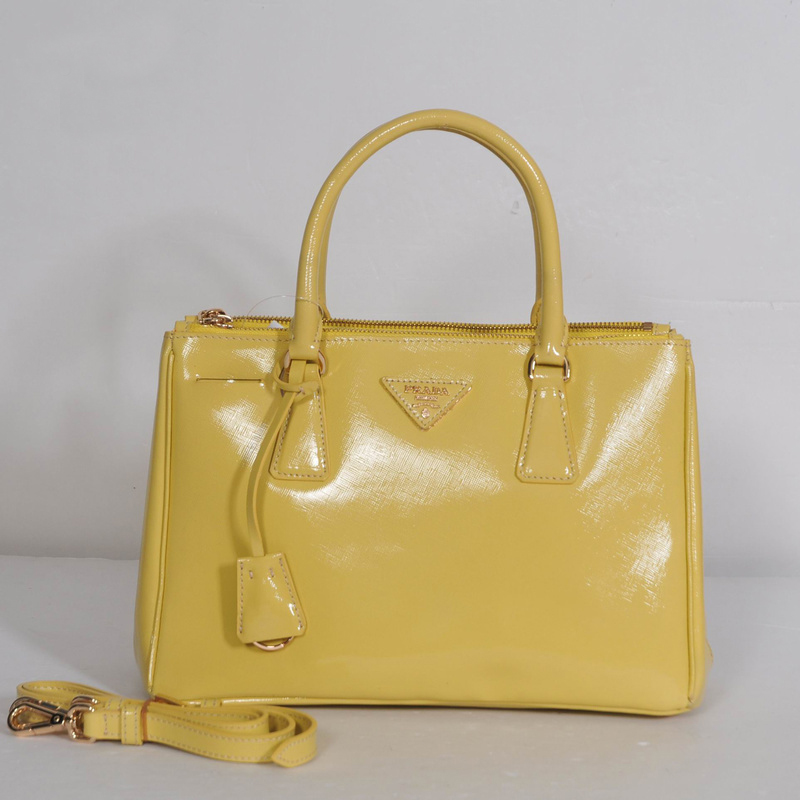 Prada Saffiano Patent Leather Tote Bag 1801 in Light Yellow