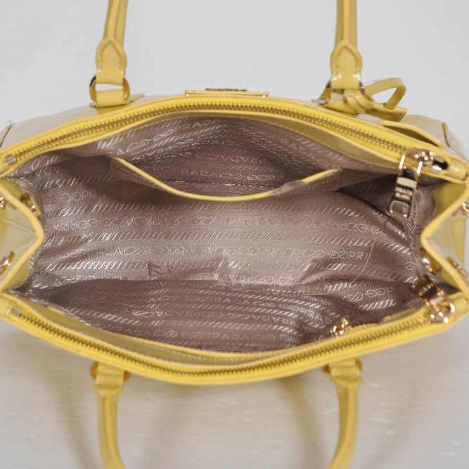 Prada Saffiano Patent Leather Tote Bag 1801 in Light Yellow