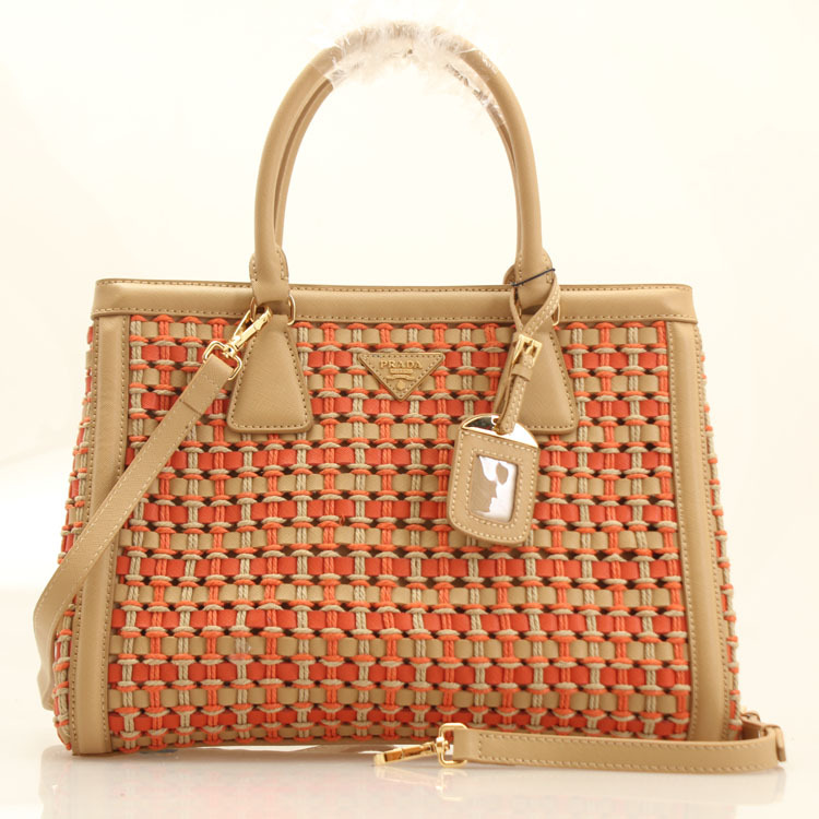 Prada Weave Leather Tote Bag BP6001 in Apricot with Orange