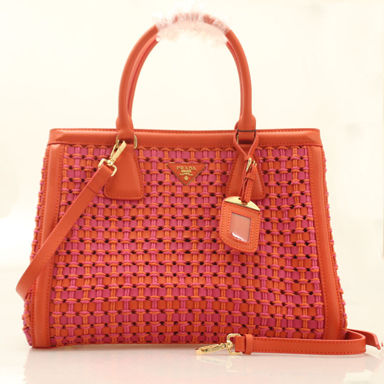 Prada Weave Leather Tote Bag BP6001 in Orange with Rose