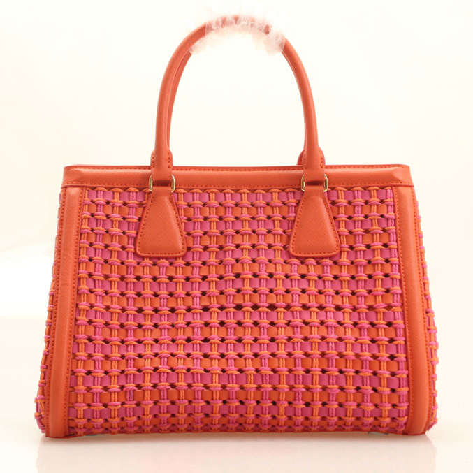 Prada Weave Leather Tote Bag BP6001 in Orange with Rose