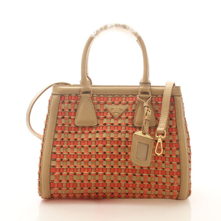 Prada Weave Leather Tote Bag BP6002 in Apricot with Orange