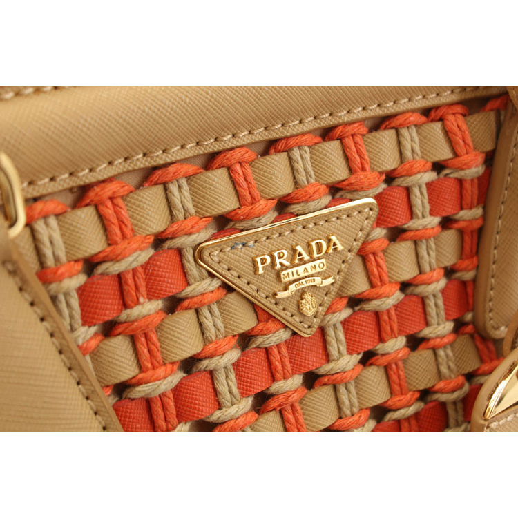 Prada Weave Leather Tote Bag BP6002 in Apricot with Orange