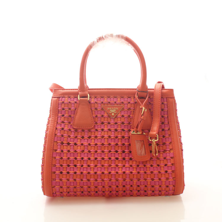 Prada Weave Leather Tote Bag BP6002 in Orange with Rose