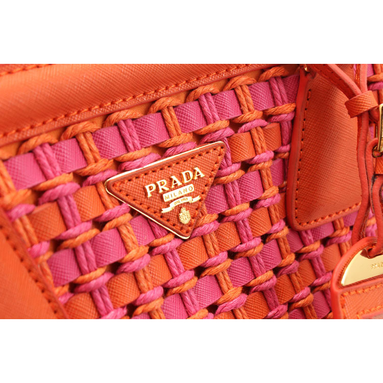 Prada Weave Leather Tote Bag BP6002 in Orange with Rose