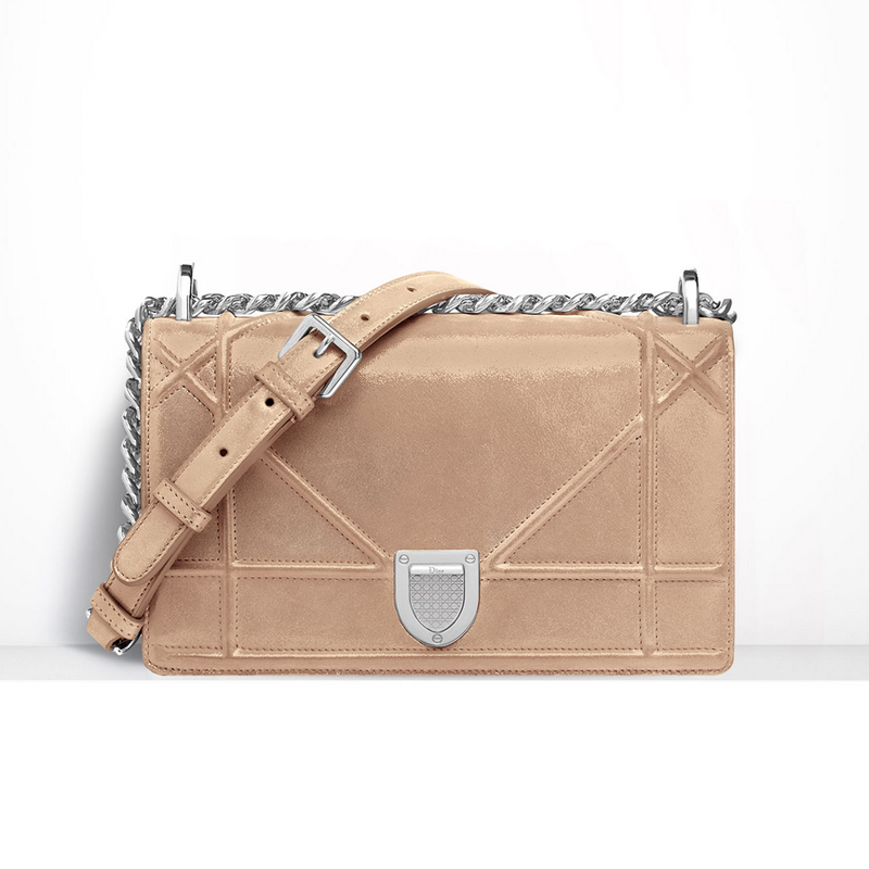 Small Diorama flap bag in beige iridescent nubuck calfskin