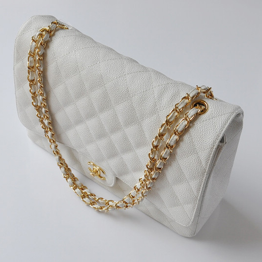 chanel A47600 Caviar Leather Jumbo Flap Bag in White with Gold