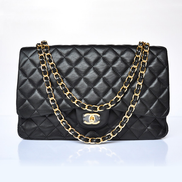 chanel A47600 Lambskin Leather Jumbo Flap Bag in Black with Gold