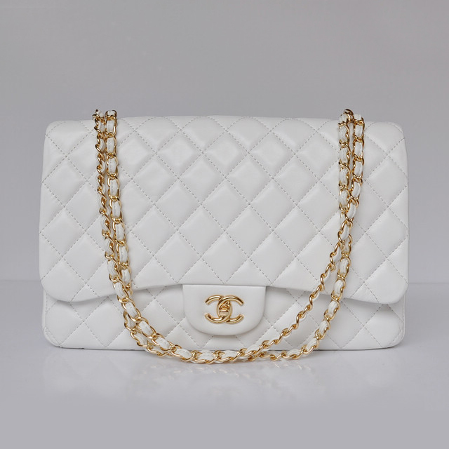 chanel A47600 Lambskin Leather Jumbo Flap Bag in White with Gold