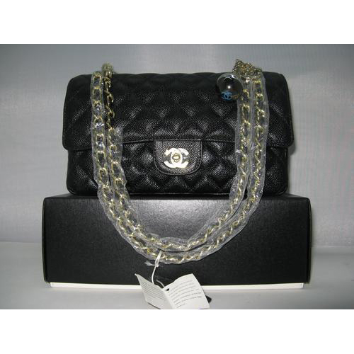 Chanel Caviar leather Black Flap bag with Gold chain