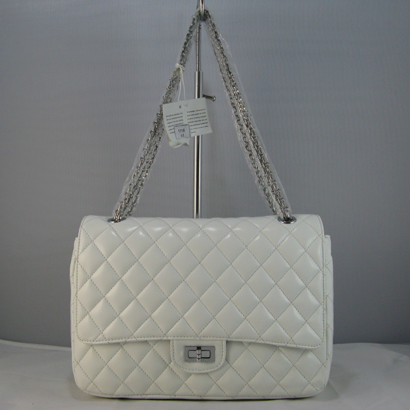 Chanel White lambskin leather Flap Bag with Silver chain