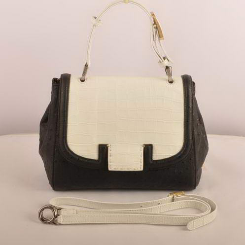 Fendi Silvana Croco-Ostrich Leather Flap Bag 2548 White-Black