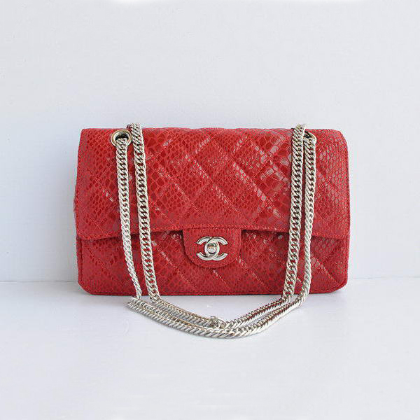 Chanel Red Snakeskin Leather Flap Bag Silver Hardware