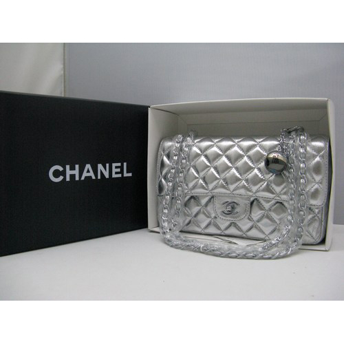 Chanel lambskin leather Silvery white Flap bag with Silver chain