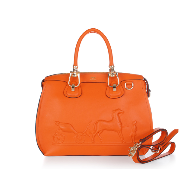 2012 Hermes New Leather Medium Shoulder Bag 0322 Orange with gold metal