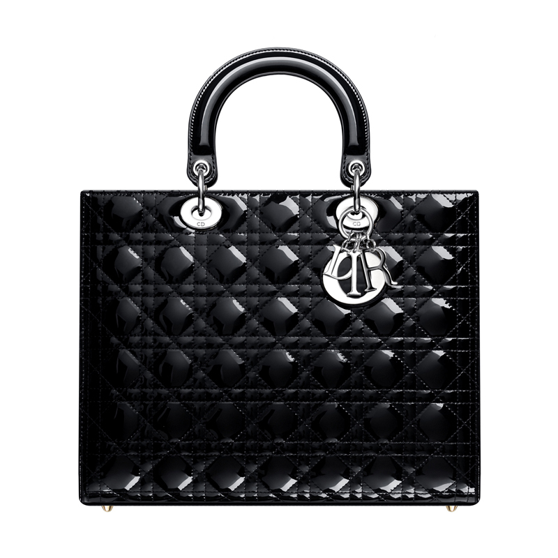 Large Lady Dior bag in black patent leather