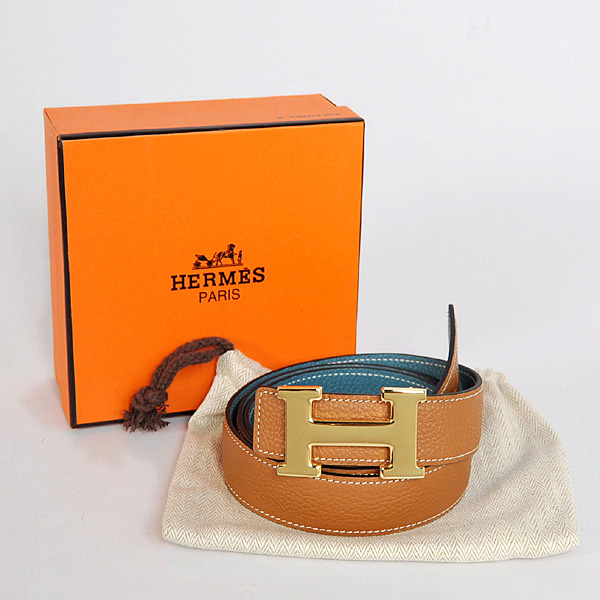 Hermes belt leather in Camel/Medium Blue with H gold Buckle