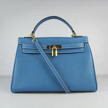 Hermes Kelly Handbags 32CM Middle Blue(gold)