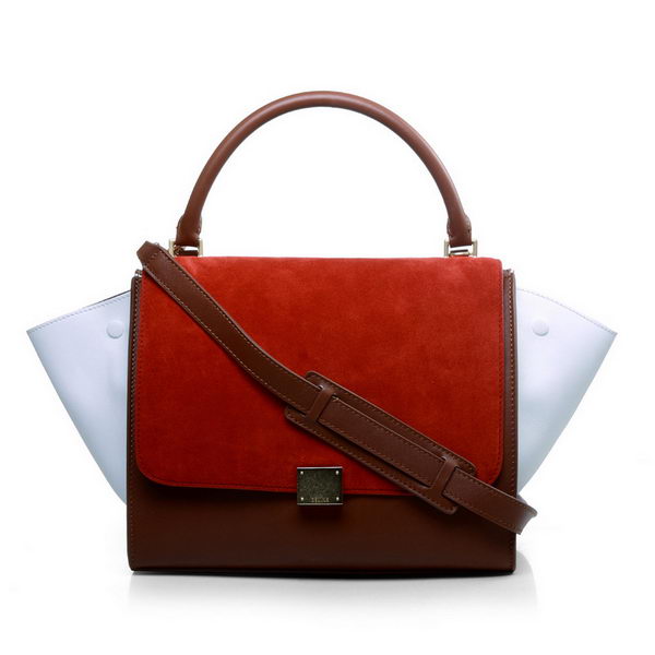 Celine Trapeze Bags Original Calf&Suede Leather Brown&Red&White